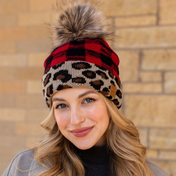 SOLD OUT Leopard Red Buffalo Check Faux Fur Pom Beanie - Picture 2 of 6